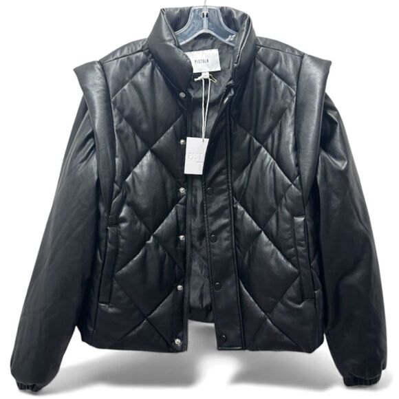 Pistola Callista Black Convertible Faux Leather Puffer Jacket Cost Vest S NEW - Picture 1 of 11